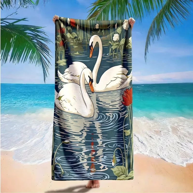 Vintage White Swan Lotus Pond Print Beach Towel Quick Dry Sand Resistant Swimming Towel for Summer Beach