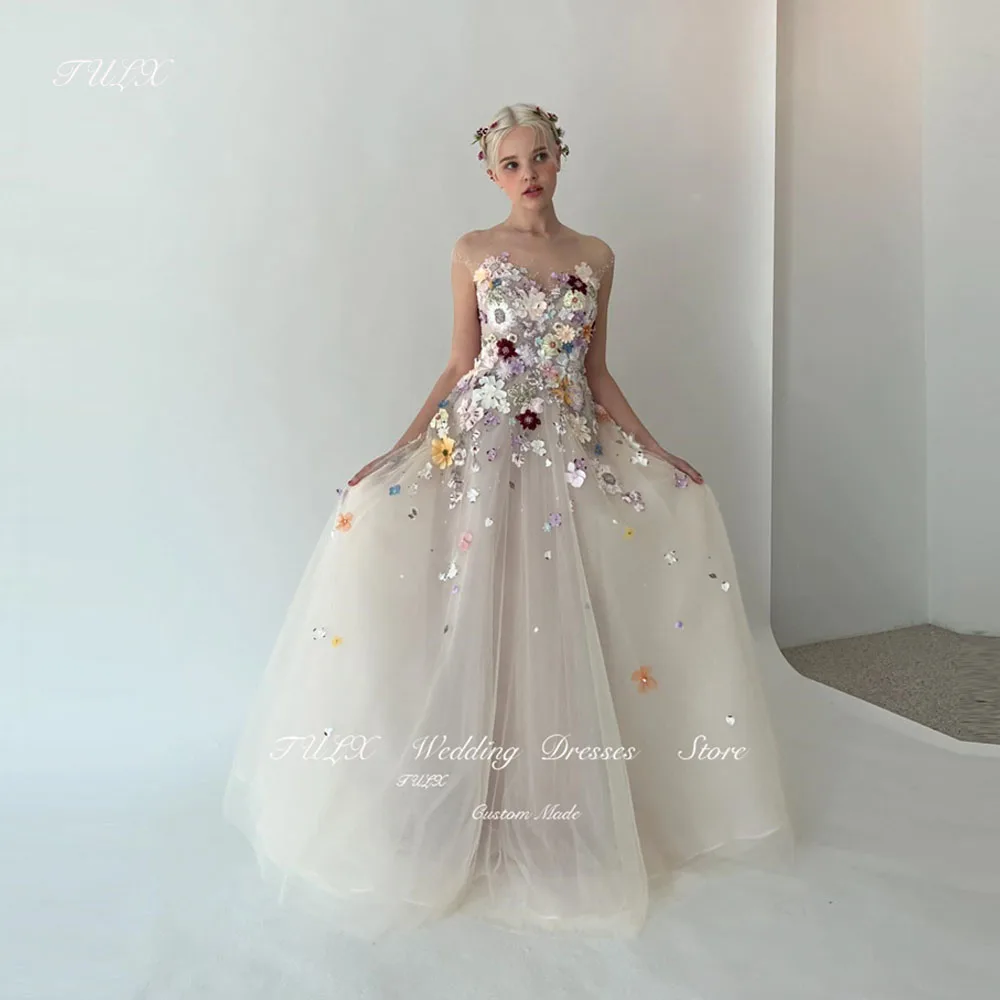 TULX Elegant 3D Flowers Evening Dresses Women Sweetheart Tulle Floor Length Garden Prom Gowns Formal Party Occasion Dress