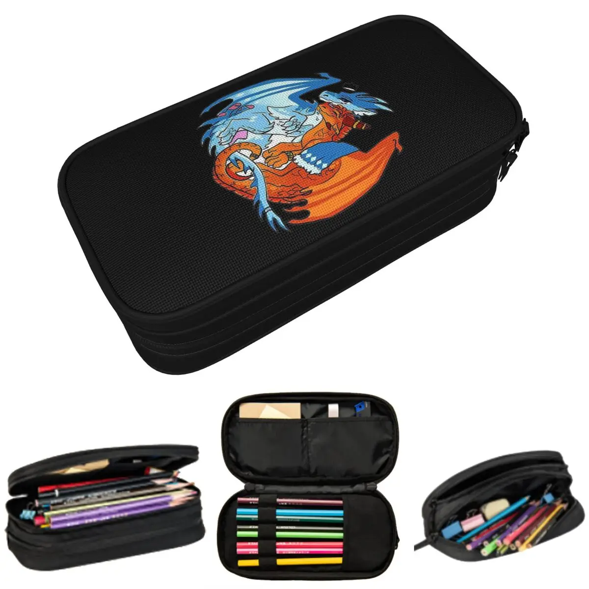 Cartoon Fire And Ice Dragon Print Pencil Case for Kids Gifts Pen Box Pencil Bag Stationery Supplies Pen Holder Bag