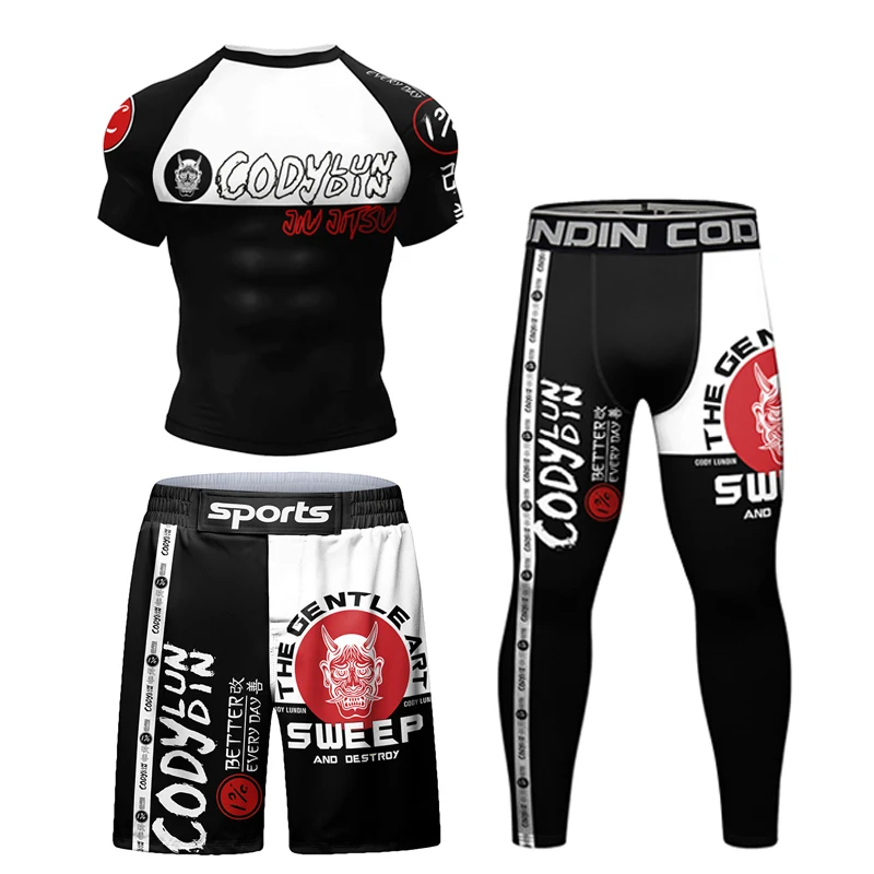 Nowe ubrania Boxeo Jiu Jitsu Rashguard MMA T-shirt + zestawy spodni Muay Thai spodenki mężczyźni boks brazylijski Grappling Rash Guard strój sportowy