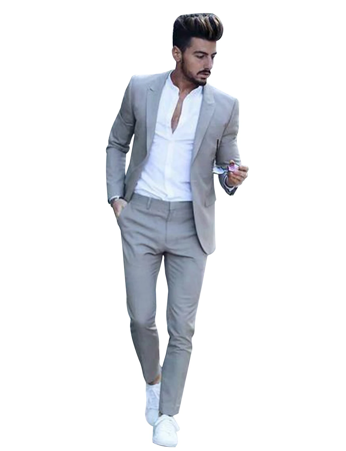 Light Grey Men\'s Slim Fit 2-Piece Suits for Wedding Business Notch Lapel One Button Jacket & Trousers Smart Casual Men Suits