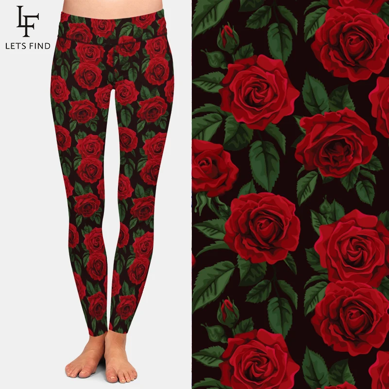 LETSFIND-mallas con estampado de rosas rojas para mujer, Leggings de cintura alta de poliéster para Fitness, nueva moda