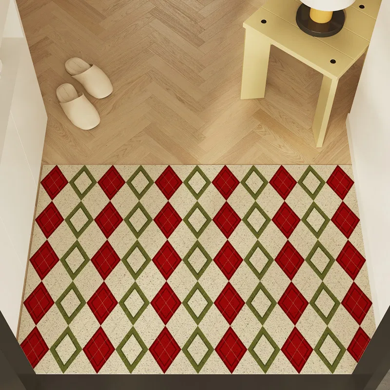 Christmas Plaid Patchwork PVC Doormat Cuttable Anti‑Slip Wear Resistant Entrance Floor Mat Xmas Decor Rug for Front Door Hallway