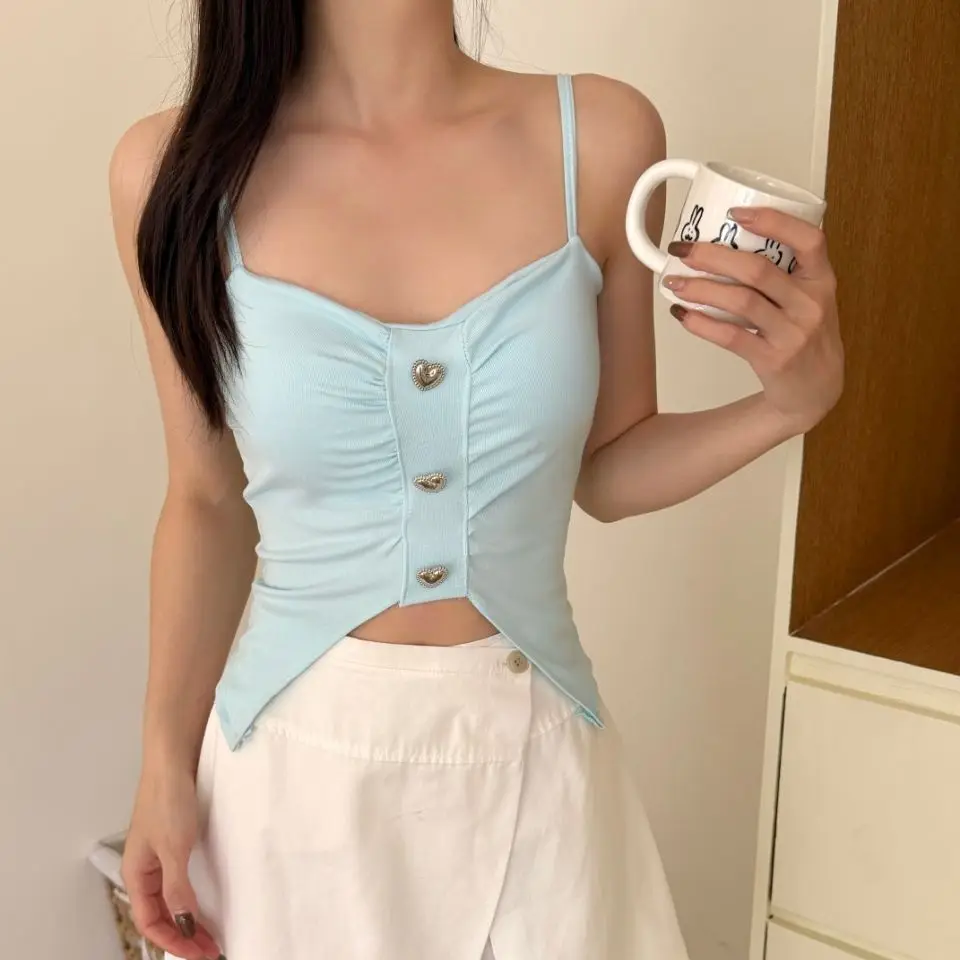 Sweet Style Button up Women's Slim Fit Vest with Chest Pad Fixed Asymmetrical Hem V-Neck Backless Top Summer New Arrival