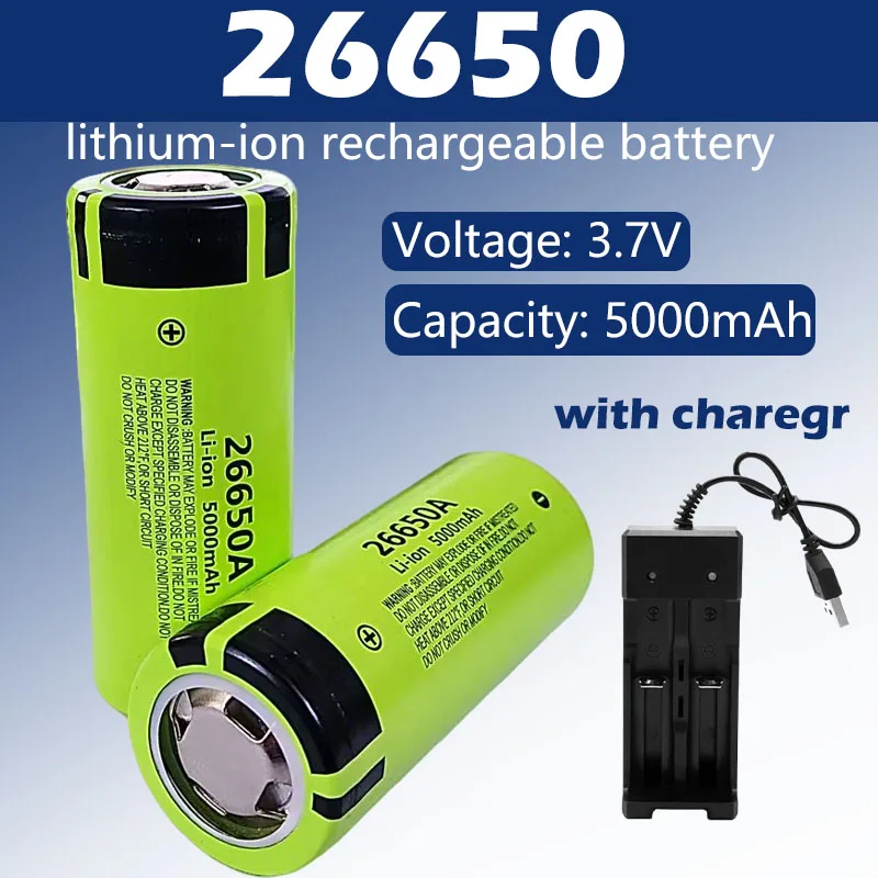 

Аккумулятор литий-ионный перезаряжаемый 26650, 5000 мАч, большая емкость, напряжение 3.7В, подходит для аккумуляторных блоков фонарей и прожекторов.