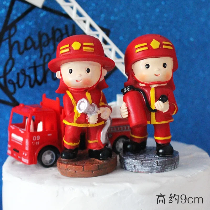 Mini Fireman Hero Figurines Cake Toppers Standing Firefighter Toys Figures Kid Happy Birthday Party Supplies Baking Cute Gift