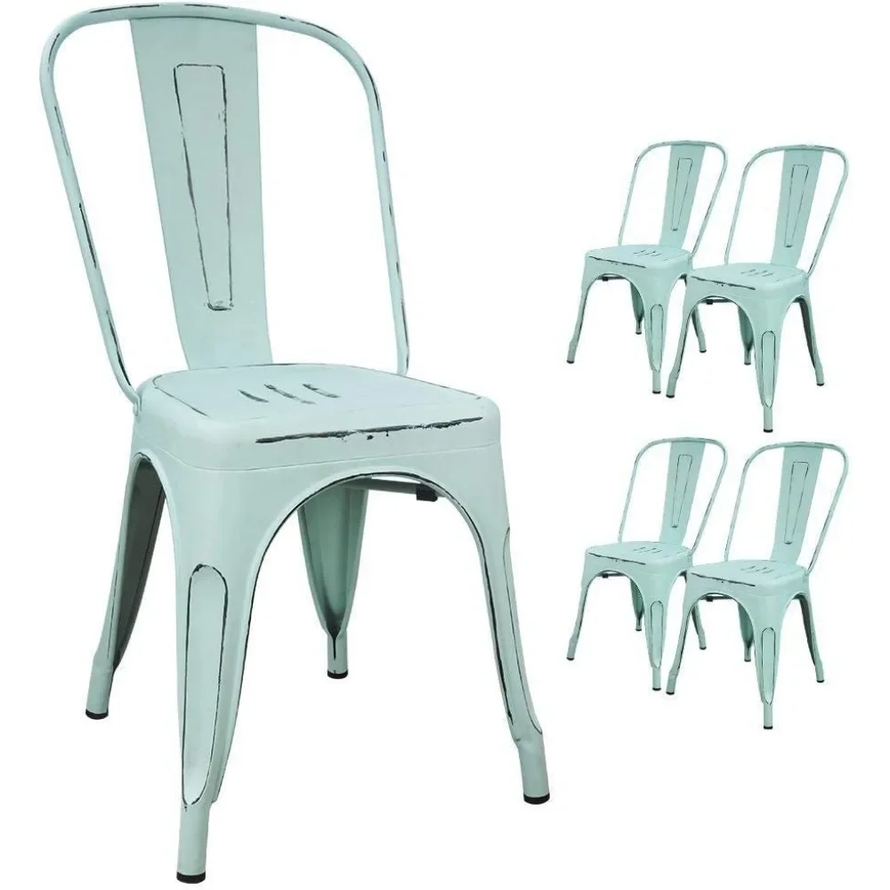 

Metal Indoor-Outdoor Chairs Distressed Style Kitchen Dining Chairs Stackable Side Chairs with Back Set of 4