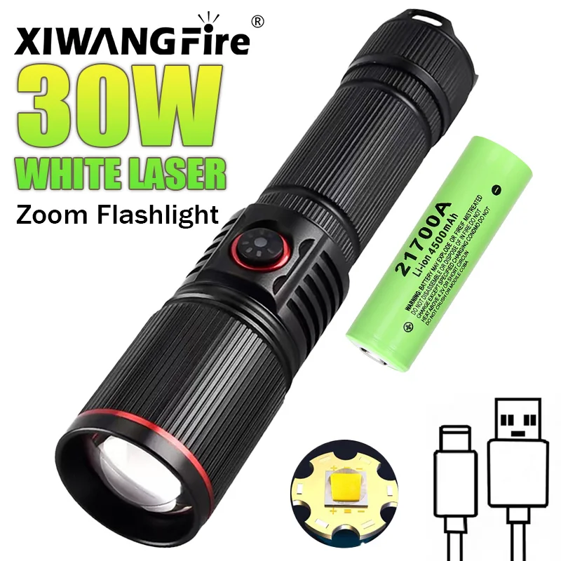 30W White Laser LED Flashlight Zoom Torch USB Rechargeable Light Outdoor Camping Hunting Fishing Walking Riding Lighting Lamp