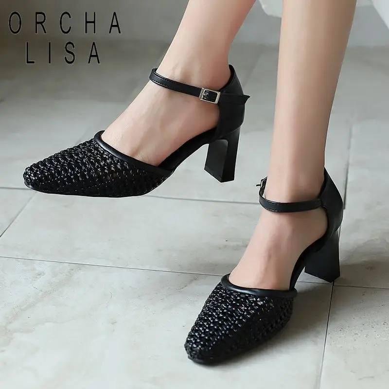 

ORCHA LISA 2025 ORCHA LISA Женские сандалии с круглым носком на высоком каблуке 7 см с пряжкой и ремешком Большой размер 43 44 45 US14 Черный Белый