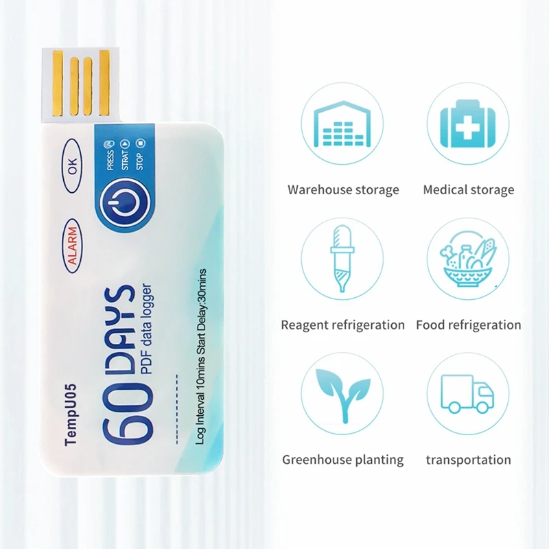Tempu05 1Pcs Temperature Data Logger 60 Day Single Use Temperature Analyzer PDF Report USB Temperature Logger