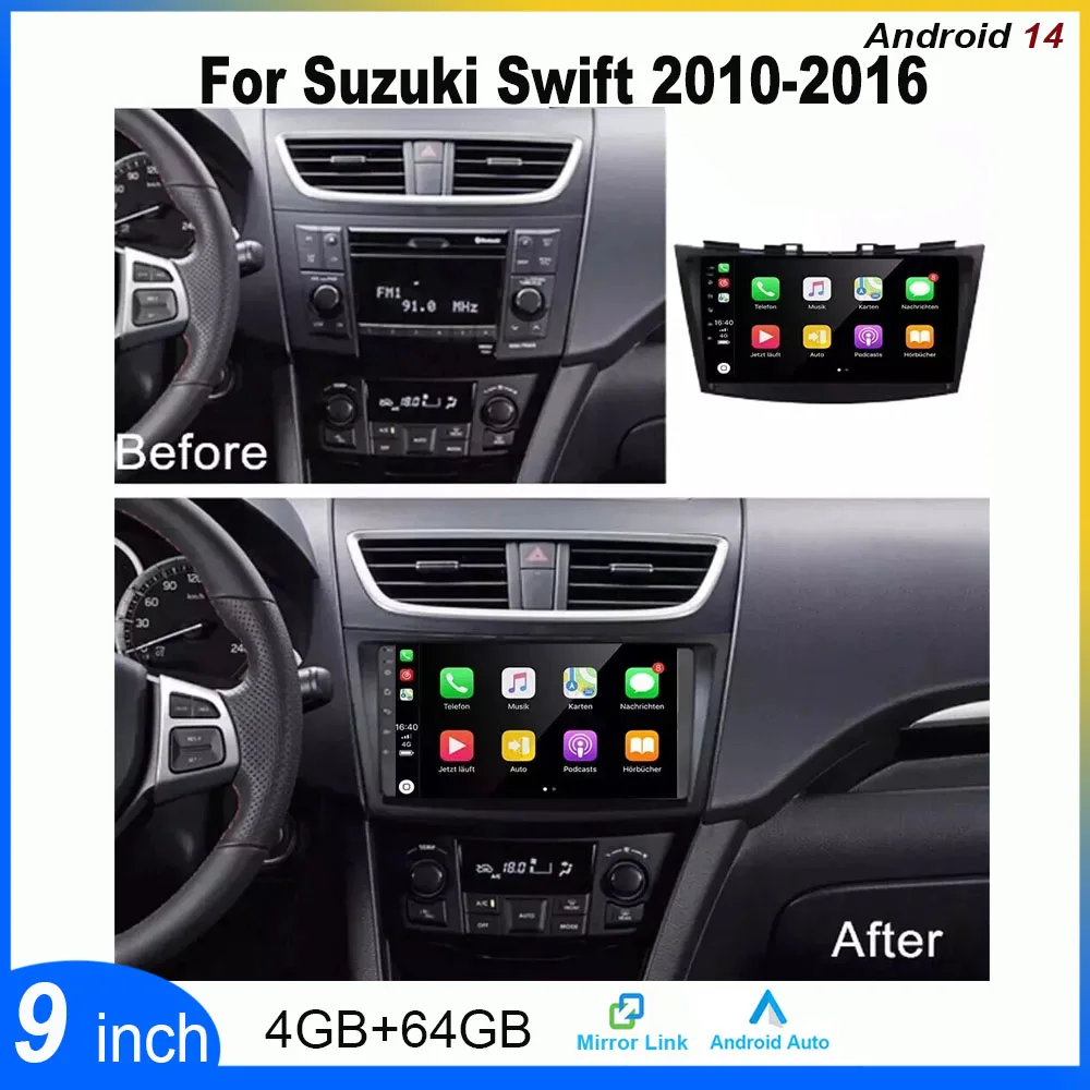 9inch  Car Stereo Radio For Suzuki Swift 2010 - 2016 Android 14 GPS Navigation fit for Carplay/Android Auto 2 Din 4+64G SWC RDS
