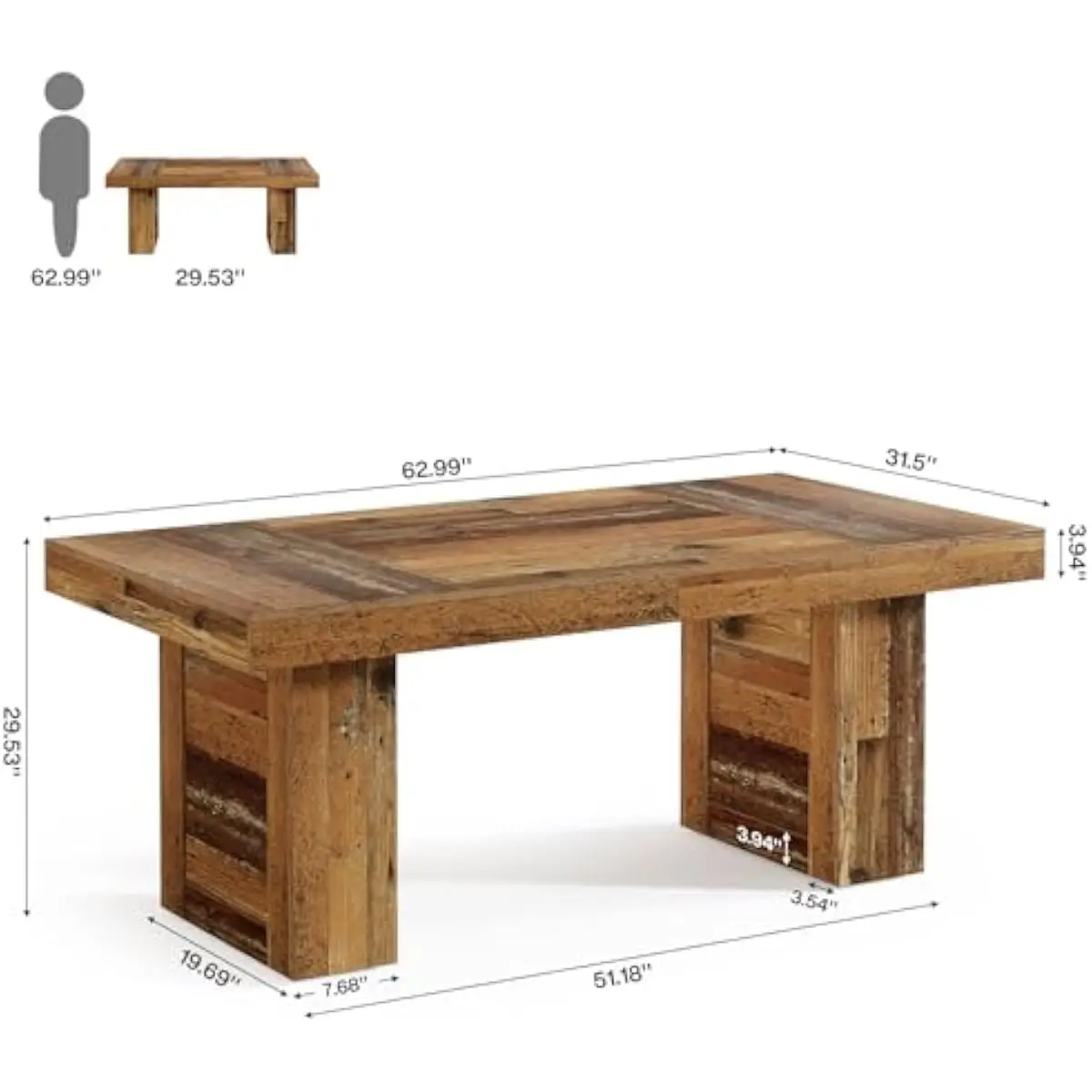 Spacious 63 x 31.5 inch engineered wood conference desk in distressed brown finish ideal for 4 to 6 person meetings featuring do