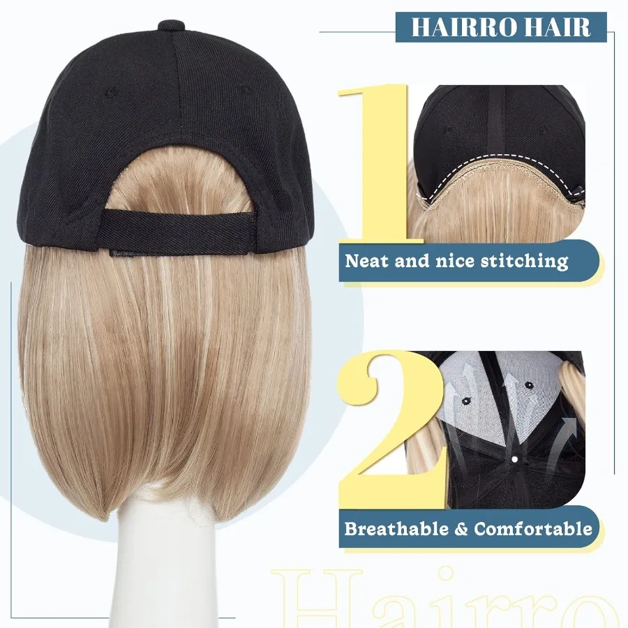 Hairro قبعة شعر مستعار قبعة بيسبول مع الشعر المرفقة قصيرة بوب قابل للتعديل قبعة الاصطناعية وصلات شعر للنساء شعر مستعار الكيماوي 11 170 جرام 8