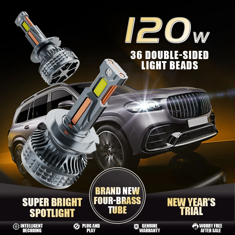 2pcs H7 120W K13 4 copper tube high-power LED car light H8 H9 H11 H1 H4 LED headlight bulb 6000K LED HB3 HB4 LED car light 12V