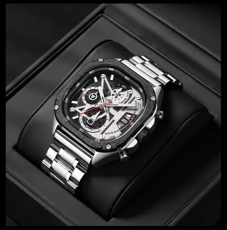 ブラッククォーツウォッチ 防水スクエアダイヤル腕時計 クロノグラフ付き 2026年現在 発光針 自動日付表示 Ai Lang