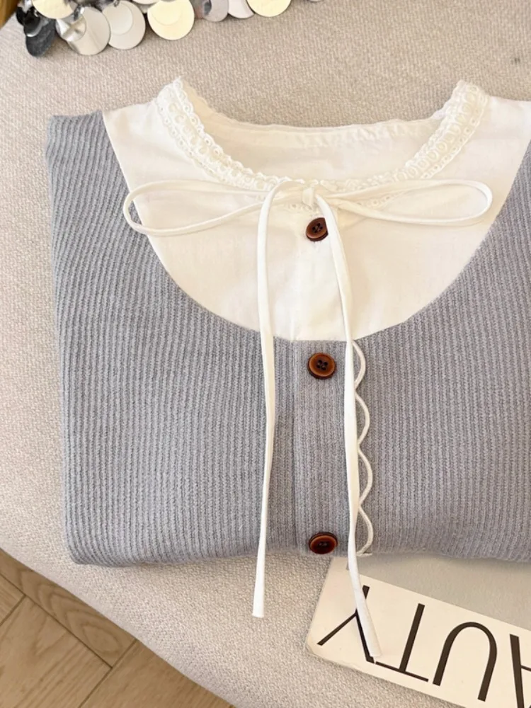 독특한 디자인 감각의 롱 슬리브 러플 트림 벨트 여성용 니트 탑, 봄 가을 겨울용, 달콤하고 루즈핏