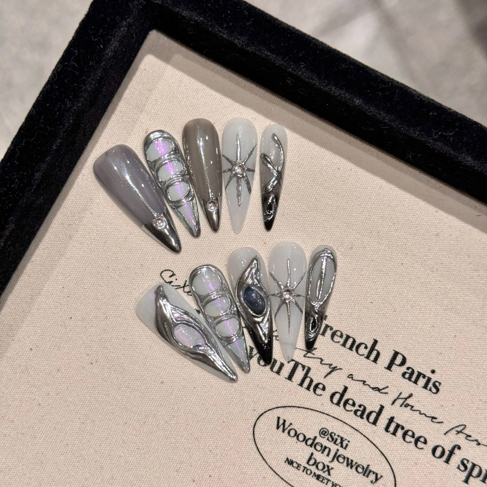 

10PCS Sweet Cool Long Almond Handmade Press on Nails Metallic Silver Star Patterns French False Nails Spice Girls Ins Fake Nails