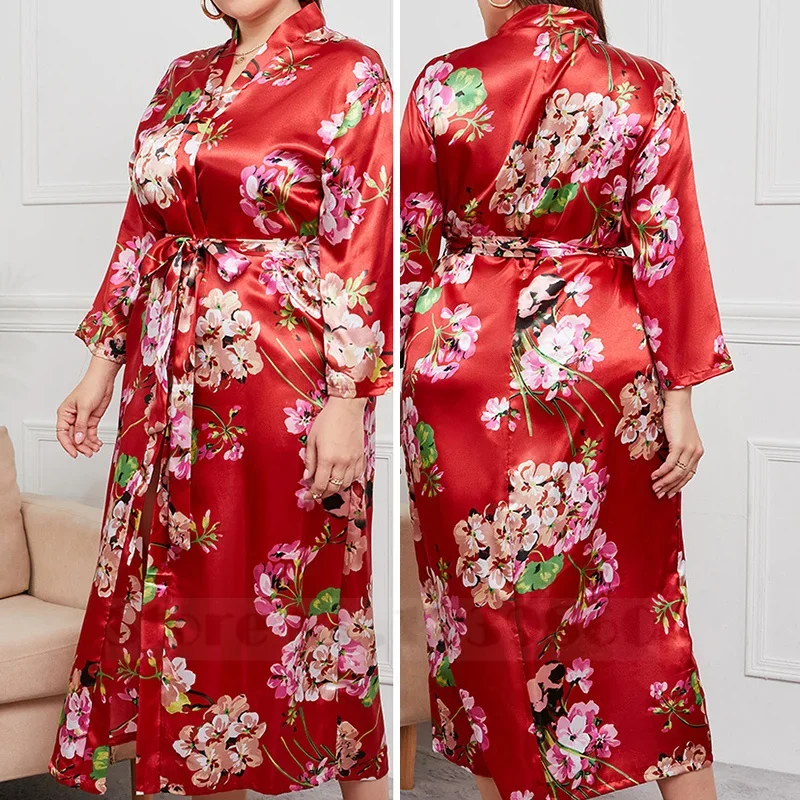 Lange Robe Japanischen Frühling Herbst Satin Nachtwäsche Gedruckt Blume Kimono Bademantel Kleid Weibliche Nachthemd Lose Hause Kleid 4XL 5XL