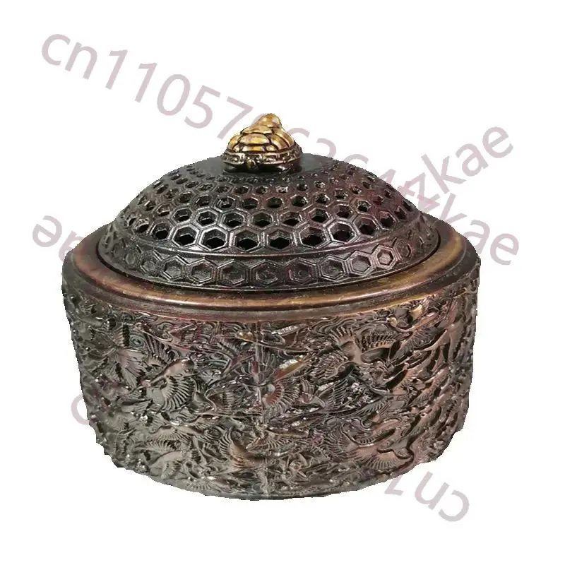 

Antique Bronze Incense Burner with Thousand Crane Pattern Carved Relief Chinese Folk Collection Old Decorative Item