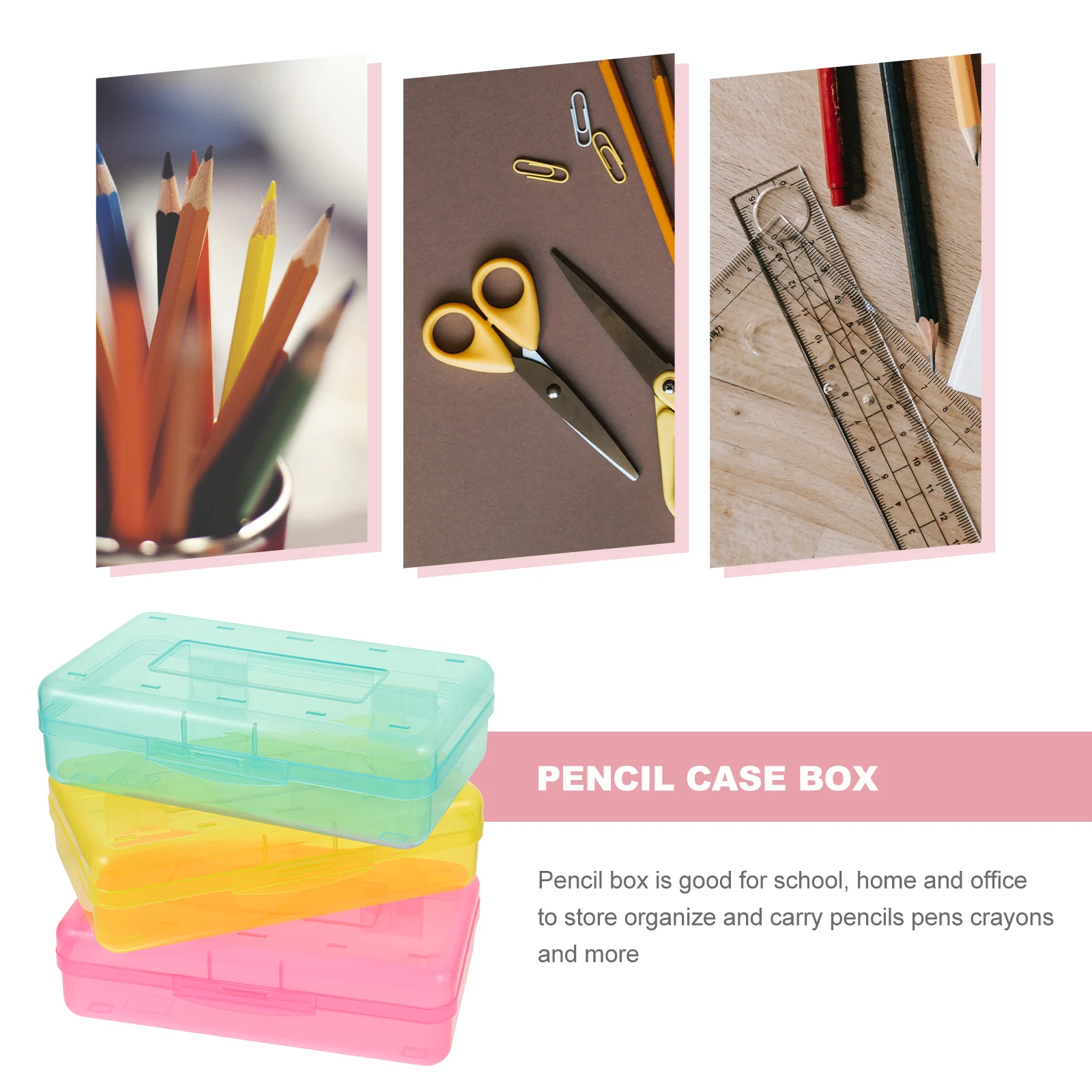 

3pcs Plastic Pencil Box Clear Green Red Yellow Large Capacity Storage Case Office Stationery Container Student