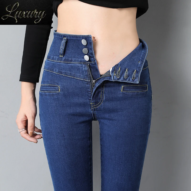 

New High Waist Three Buttons Jeans Women Skinny Fashion Korean Denim Pencil Pants Stretch Slim All-match Casual Trousers