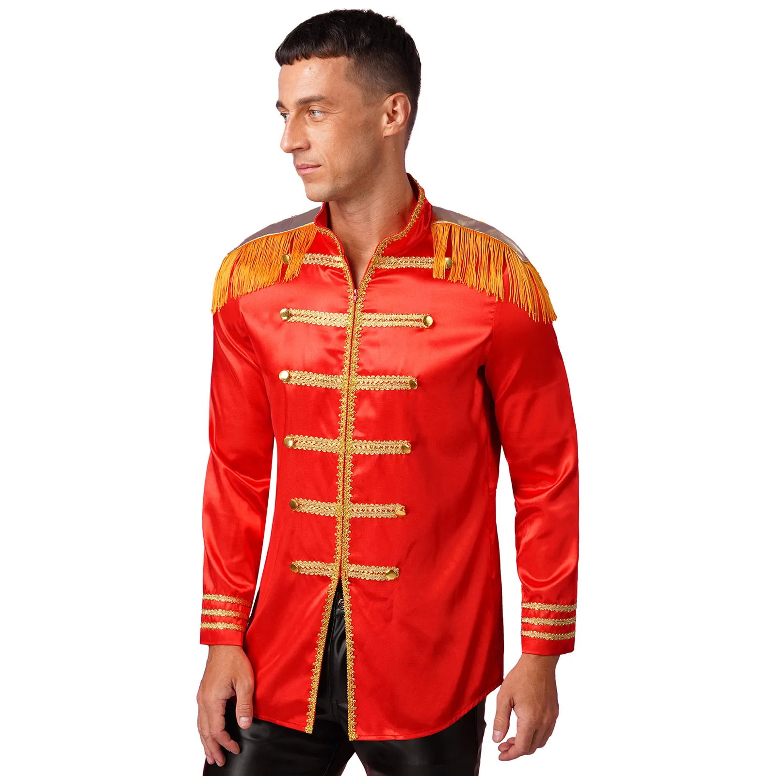 Circus Ringmaster Costume Men Long Sleeves Satin Coat Jacket Red Circus Lion Tamer Halloween Party Holiday Cosplay Fancy Dress