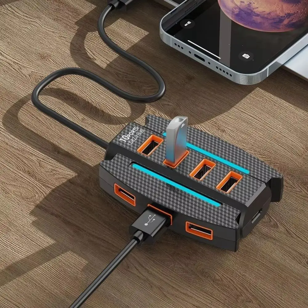 

RGB Backlight 10 Ports USB 2.0 Splitter Extend USB Adapter 10 in 1 USB2.0 HUB Multifunction High Speed USB Port Expander