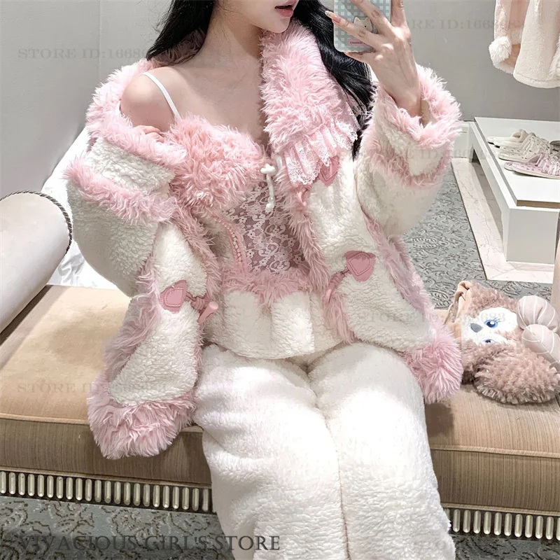 

Thicken Coral Fleece Women 3PCS Pajamas Set Sleepwear Sweet Princess Style Pijamas Suit Loungewear Autumn Winter Homewear Pyjama