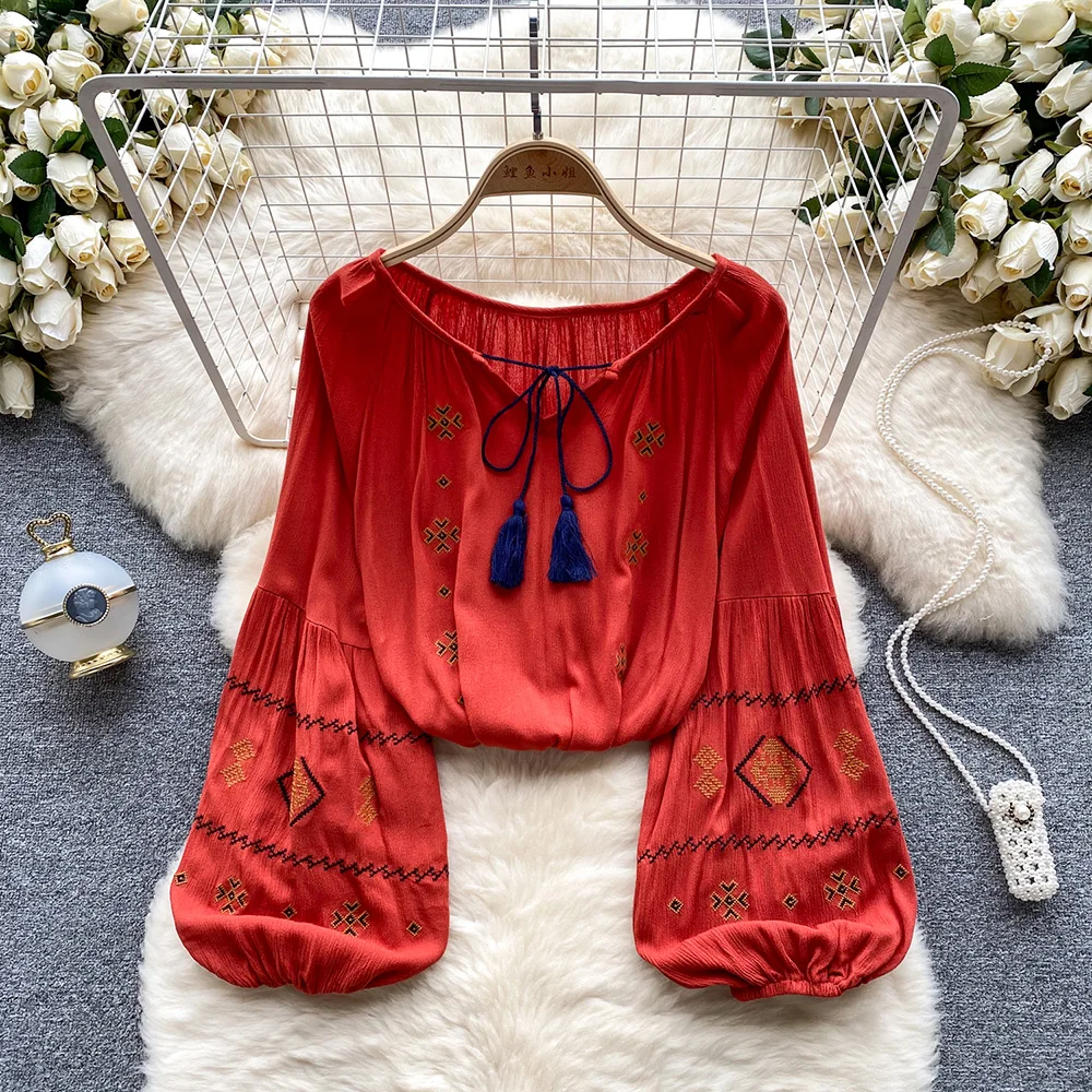 Croysier Boho Clothing Women Tops And Blouses Ethnic Bohemian Vintage Embroidery Blouse Long Sleeve Tassel Tie V Neck Loose Top