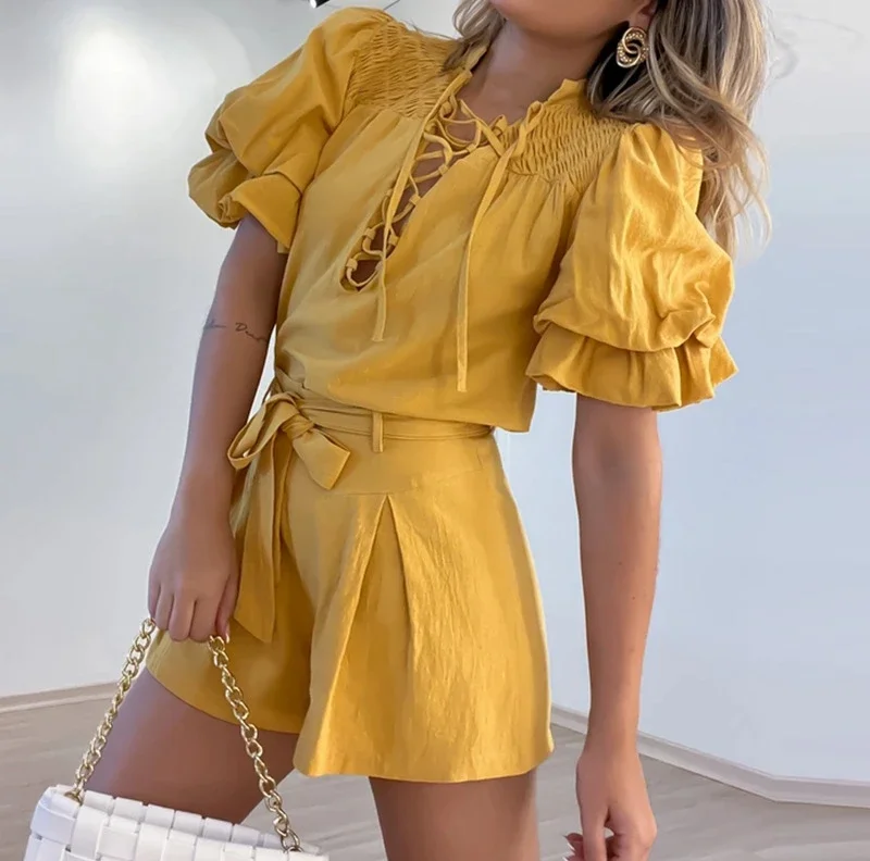 

Sleeve Shirt Top Two Piece Sets Womens Outifits Solid Stand Up Collar Pile Up High Waisted Tie Up Straight Leg Short Suit Summer