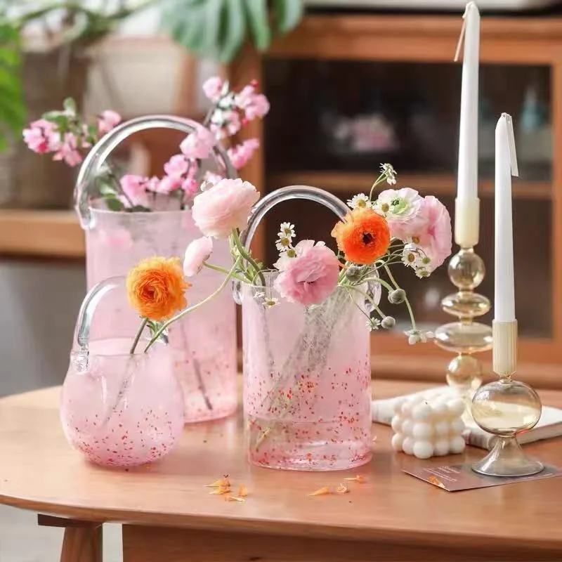 Pink Pail Glass Handbag Home Decor Flower Vase Decoration Piece Creative Internet Celebrity INS Wind Hydroponic Vase Retro