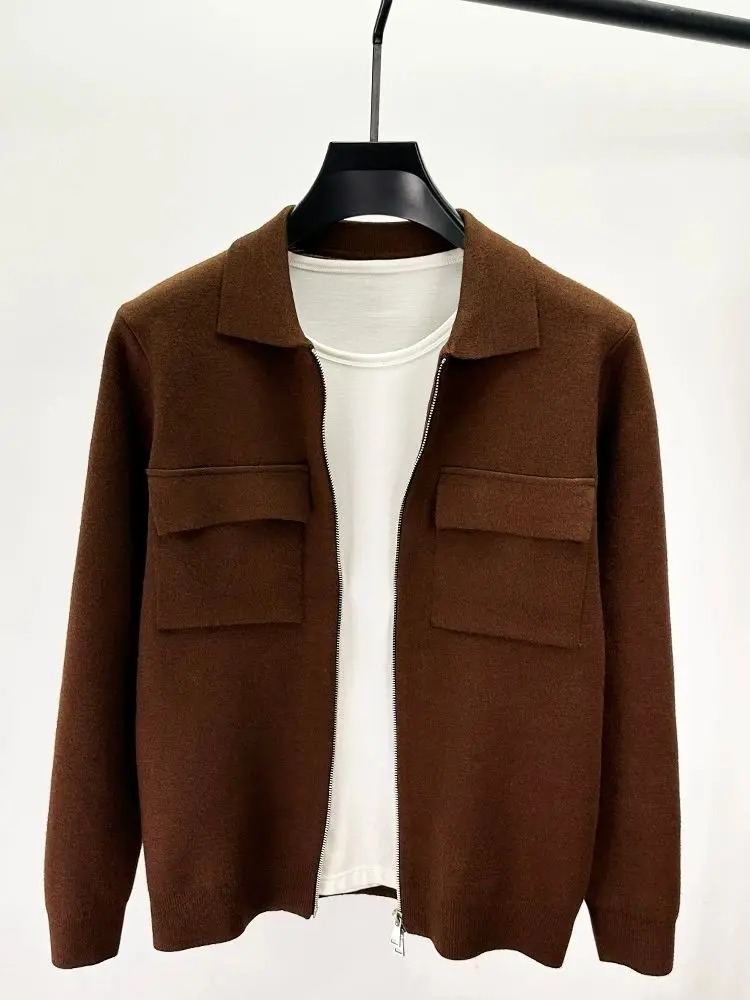 Męski kardigan z wełny z wysokiej jakości zamkiem błyskawicznym, luksusowy płaszcz na jesień/zimę z kieszeniami, jednolity kolor, ciepła kurtka swetrowa na co dzień.