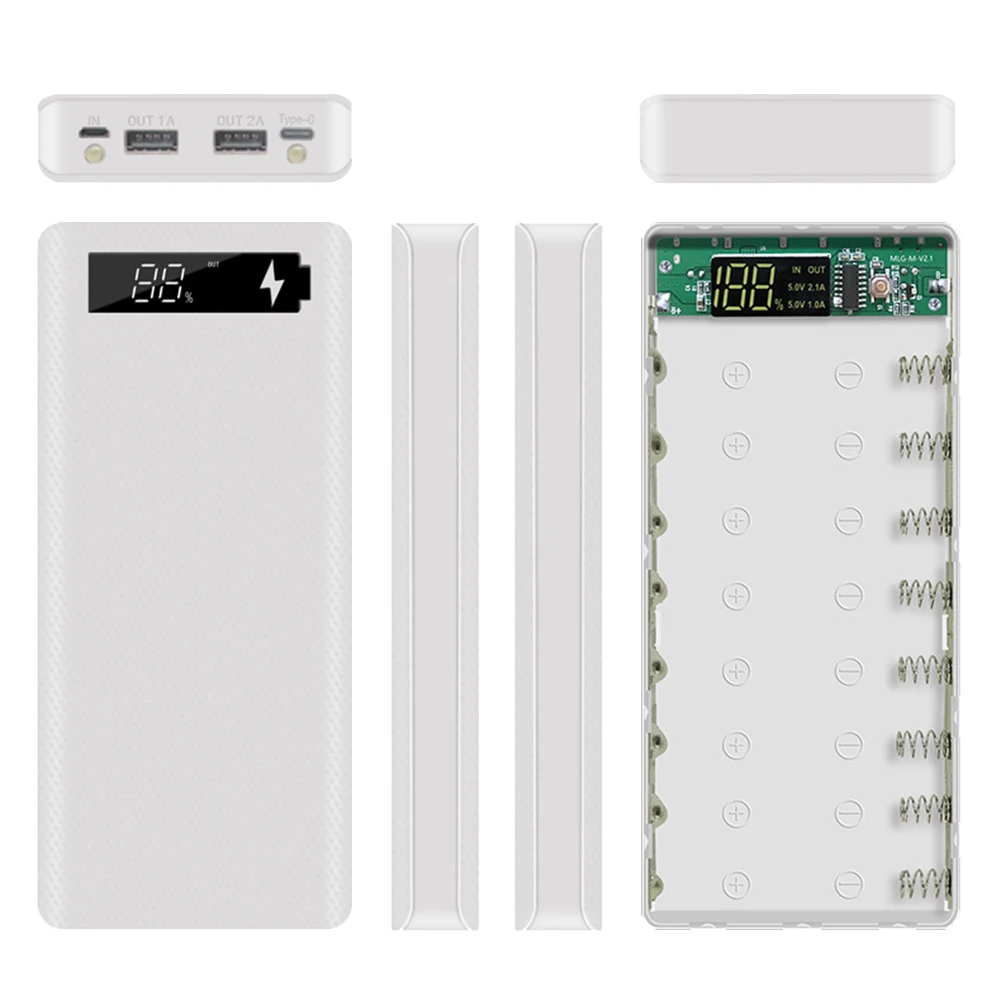 18650 Battery Power Bank Case LCD Display Support 20000MAh LCD Display for 8X18650 Battery DIY Powerbank Case(White)