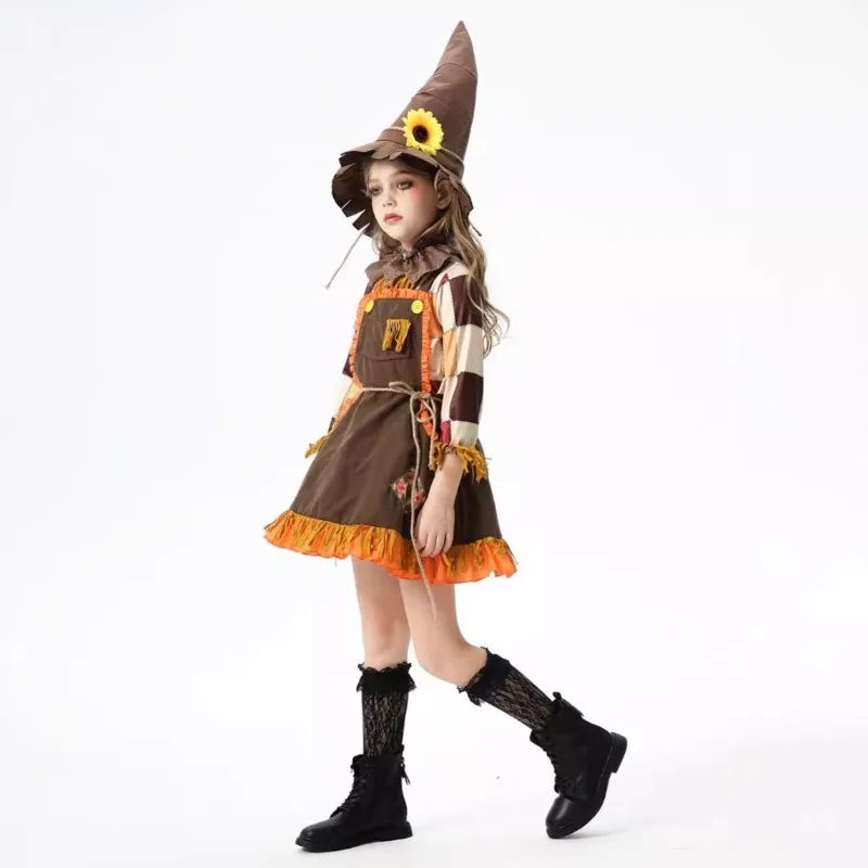 2025 New Halloween Children's Costume Pumpkin Costume Scarecrow Robin Hood Farm  Rural Costume Girls' Dress Hunter Stage Play