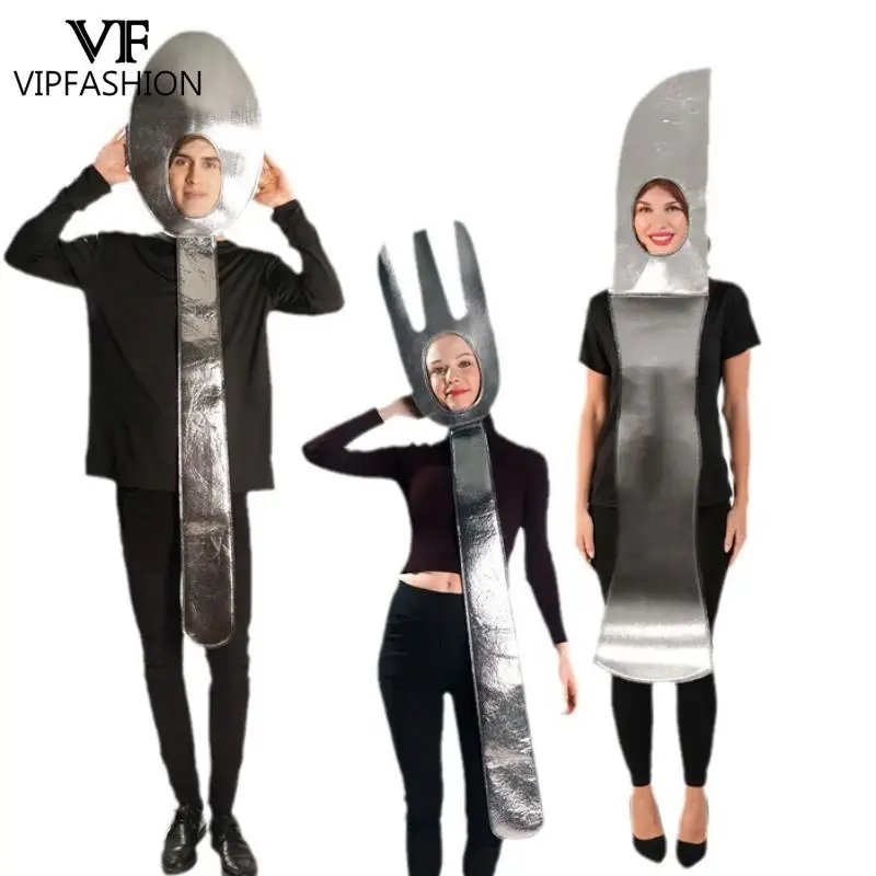 VIP FASHION Fork and Spoon Knives Cosplay Costume Carnival Disguise Suit Food Party Couple Jumpsuit Holiday Performance Outfit