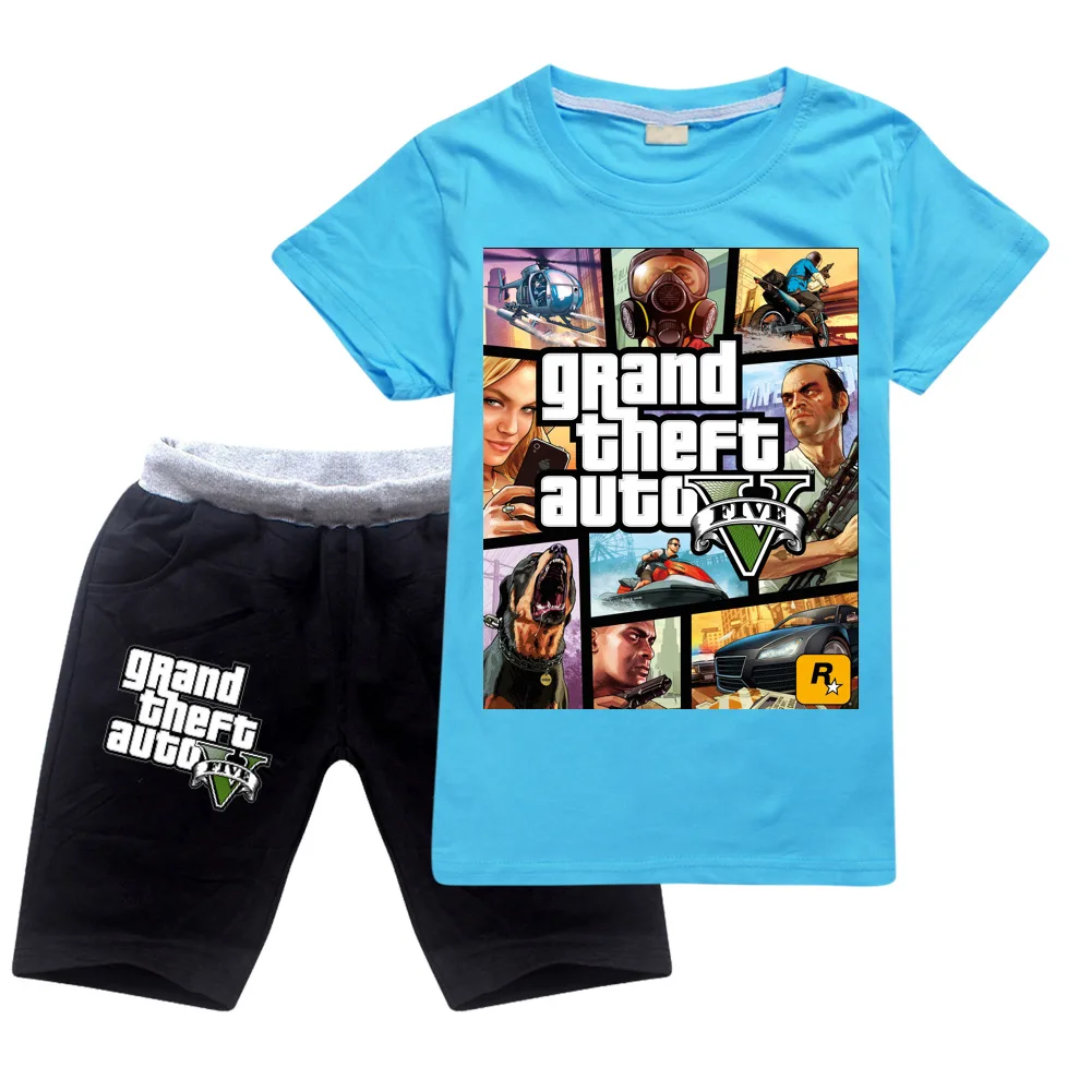 Boys Clothes Grand Theft Auto Game GTA 5 T Shirt+Shorts Set Kids Cartoon Girls Outfit Sport Suit Summer Children Clothing Sets