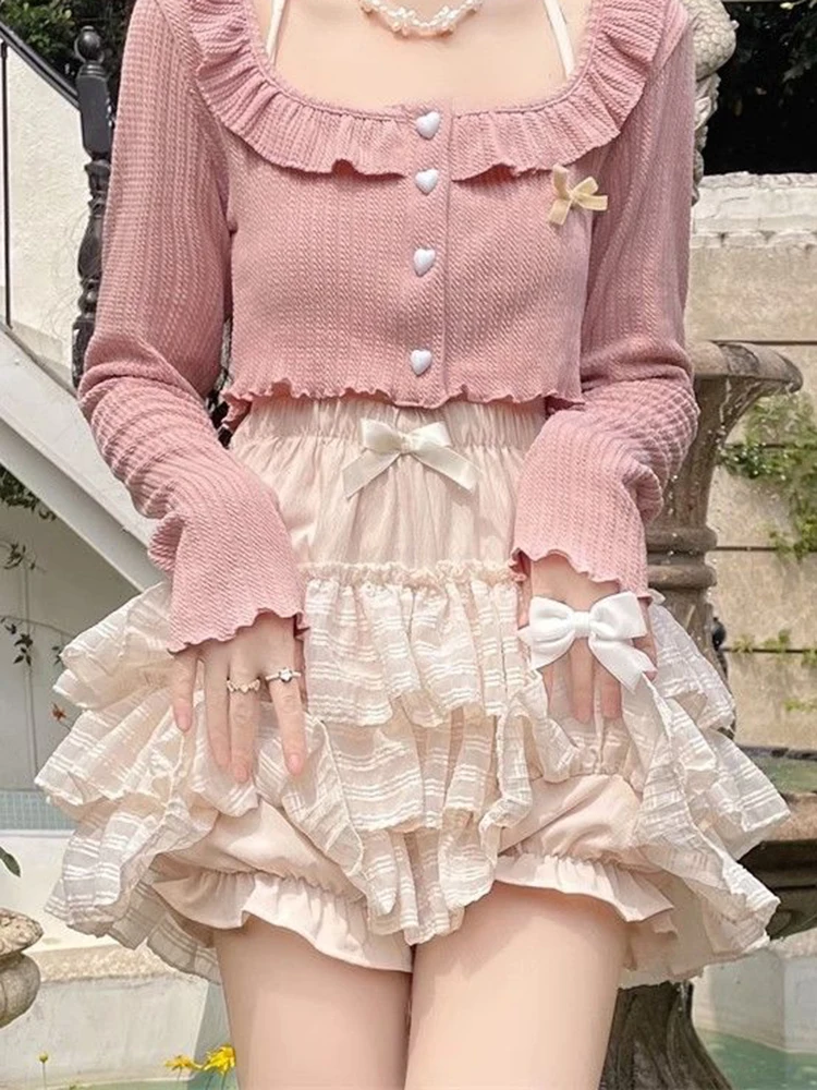 Babados arco doce saias femininas cintura alta bonito japão mini shorts saia moda estilo preppy senhora vestido de baile saia kawaii