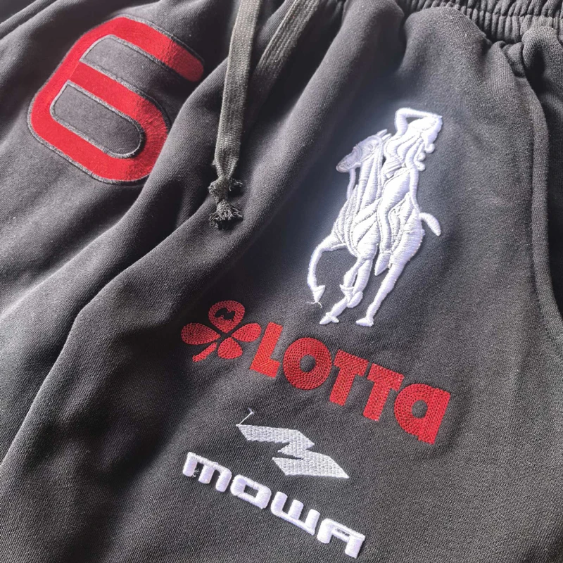 Mowalola التطريز الملاك الحرب الحصان أرقام 6 التسمية Sweatpants الرجال النساء الأسود فضفاض عادية واسعة الساق عداء ببطء بنطلون السراويل الترنك
