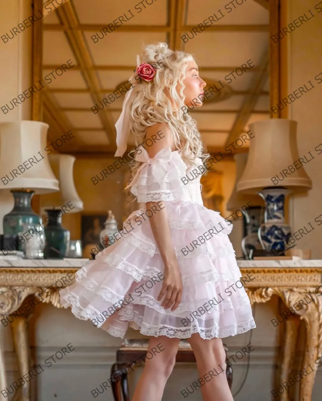 Abito da ballo vintage con volant rosa baby Abito da festa di compleanno per ragazze in maglia a strati di pizzo grazioso Abiti estivi da donna gonfi con spalle scoperte