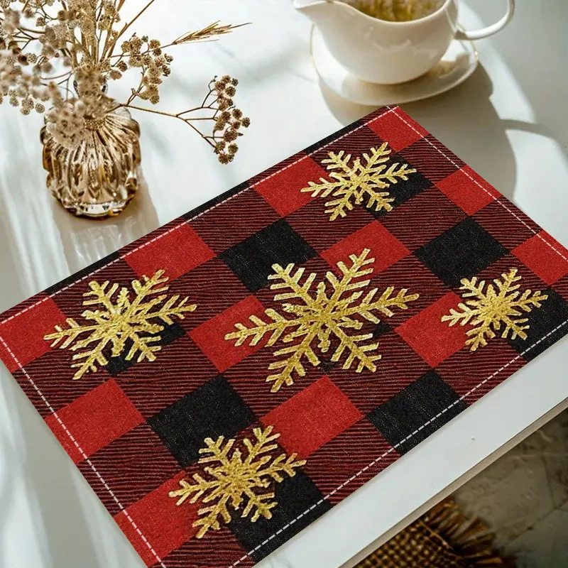 Christmas Linen Placemat Table Coffee Mat Santa Snowman Golden Snowflake Red Black Plaid Tree Gift Box Decorative Coasters