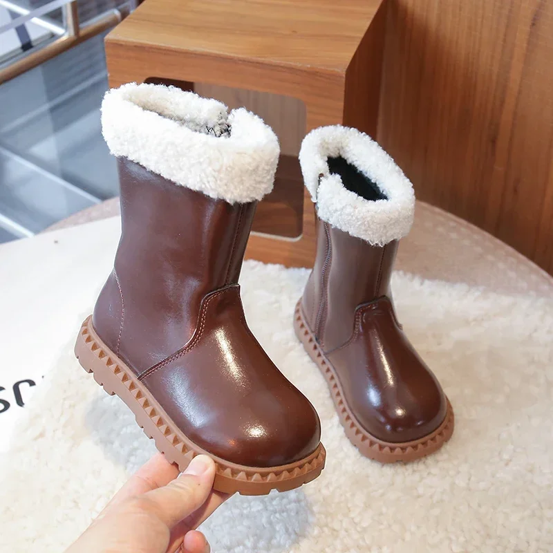 Kids Fleece Cuff Leather Ankle Boots, Toddler Winter Warm Lined Boots, Side Zipper Non-Slip Thick Sole Children Short Boots