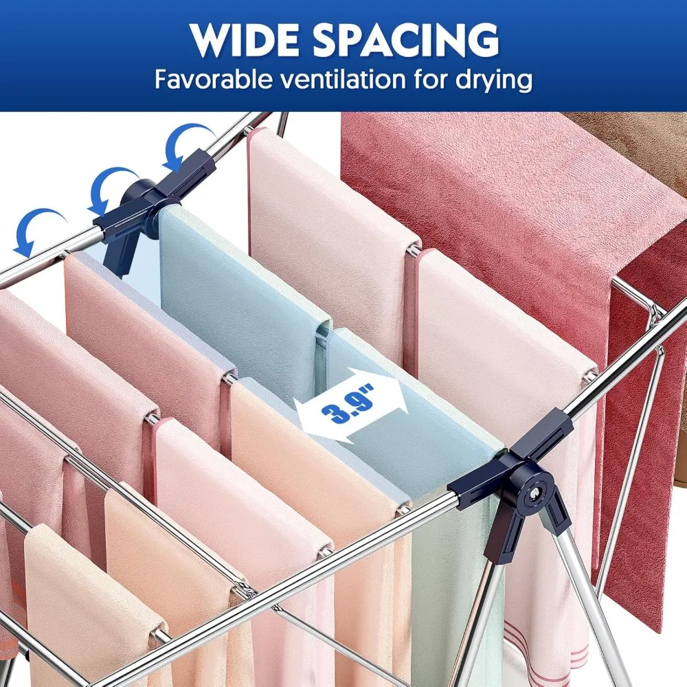 Clothes Drying Rack, Drying Rack Clothing with Height-Adjustable, Foldable Gullwings Laundry Drying Rack, Indoor Outdoor Use, N