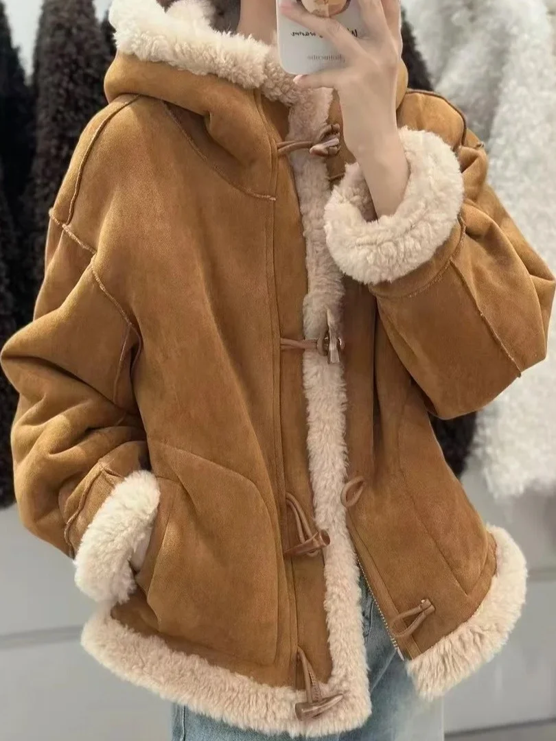 

Корейская куртка с капюшоном из овечьего меха, женская теплая внутренняя кожа и шуба, весна-осень-зима, дизайн Sense