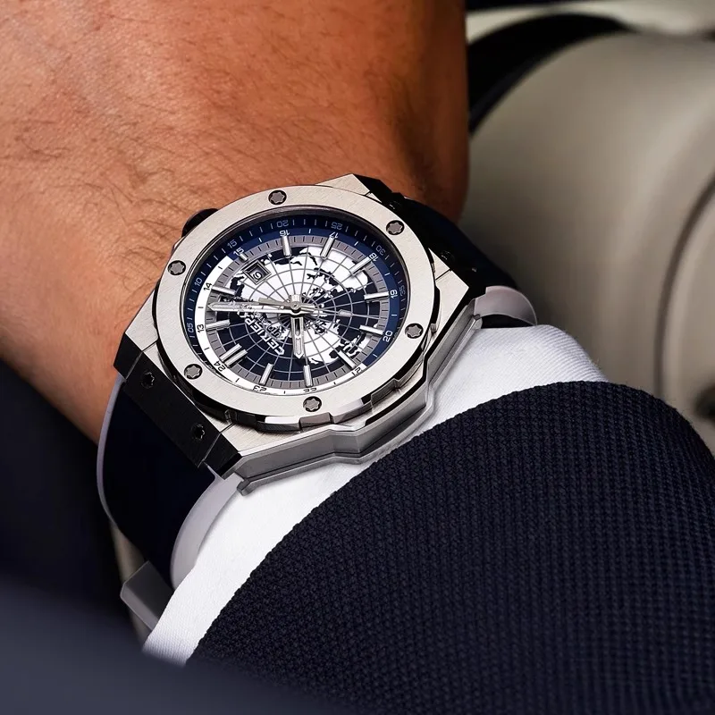 Механические часы CERIEPON, синие часы Planet Wandering Earth, ночник, мужские механические часы, полностью автоматические, совместные брендовые