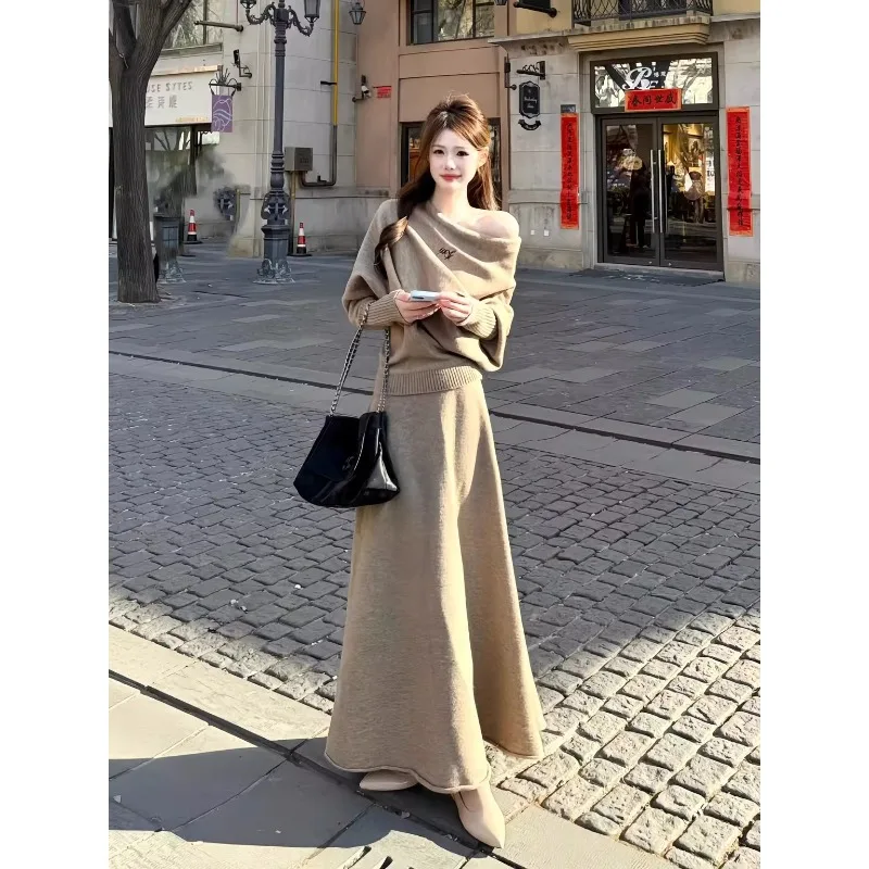

Women Korean-style Temperament Off-the-shoulder Slanted Shoulder Knitted Top with A Midi Skirt Two-piece Set