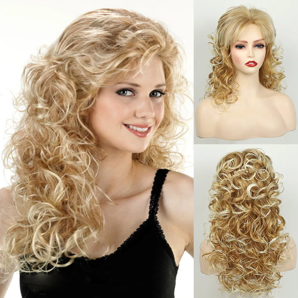 

Модный европейский и американский парик нового стиля, золотистый, длинный, кудрявый, с крупными локонами, из синтетического волокна.