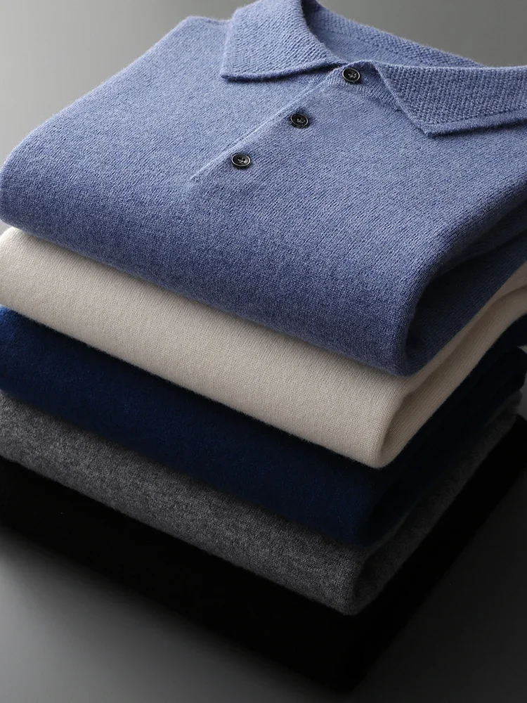 

Мужской шерстяной вязаный пуловер большого размера, весна-осень-зима, теплый свитер из 100% чистой шерсти, молодежная повседневная футболка с воротником-поло