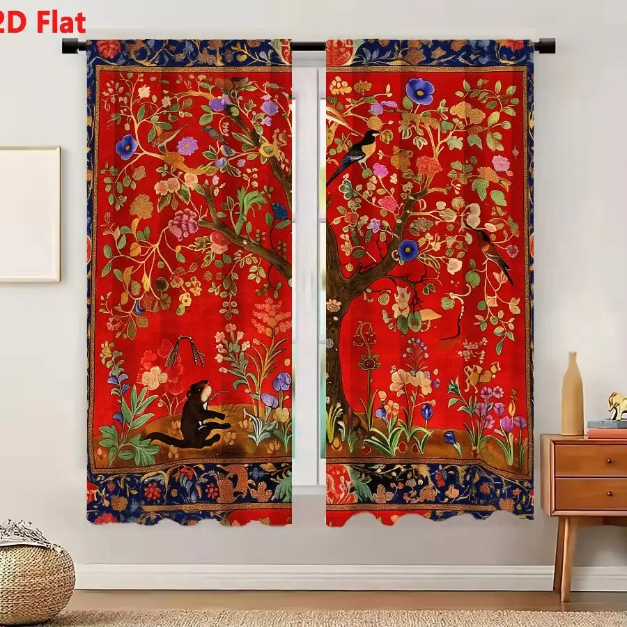 2Pcs Curtains 2D Flat Nature-Themed Artwork Ornate Tapestry with Stylized Tree Colorful Birds and Monkey on Deep Red Background