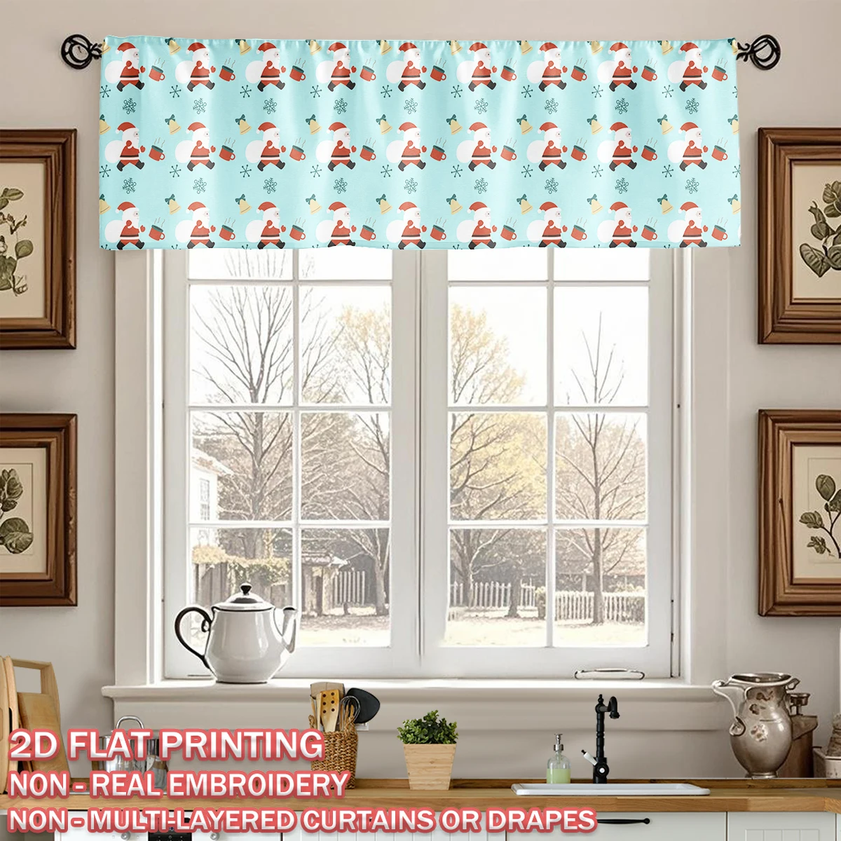 

Christmas Flat Printing Kitchen Window Valance With Santa Claus Snowflake Bell Cups For Home Party Door Window Decor