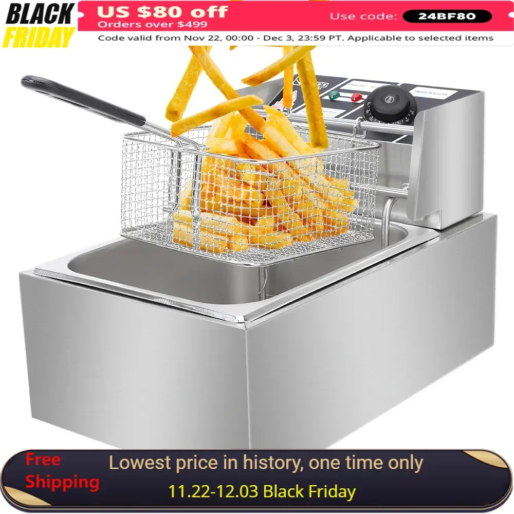 Electric Deep Fryers 2500W MAX 110V 6.3QT/6L Stainless Steel Single Cylinder Electric Fryer